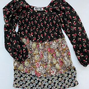 Vicky Tiel Cottagecore Floral Mini Dress Medium Smocked Long Sleeve Boho